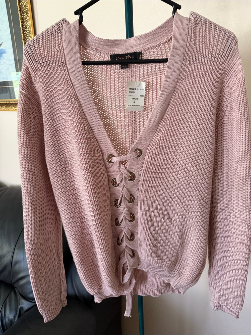 Mendocino Light Pink Lace-Up V-Neck Sweater